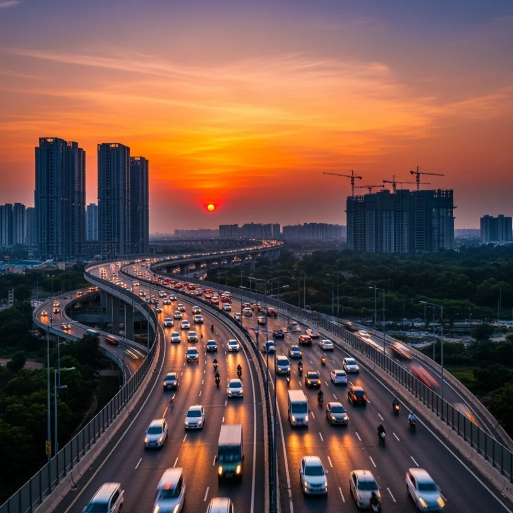 Aerial view of Dwarka Expressway showing modern infrastructure and connectivity to Delhi-NCR